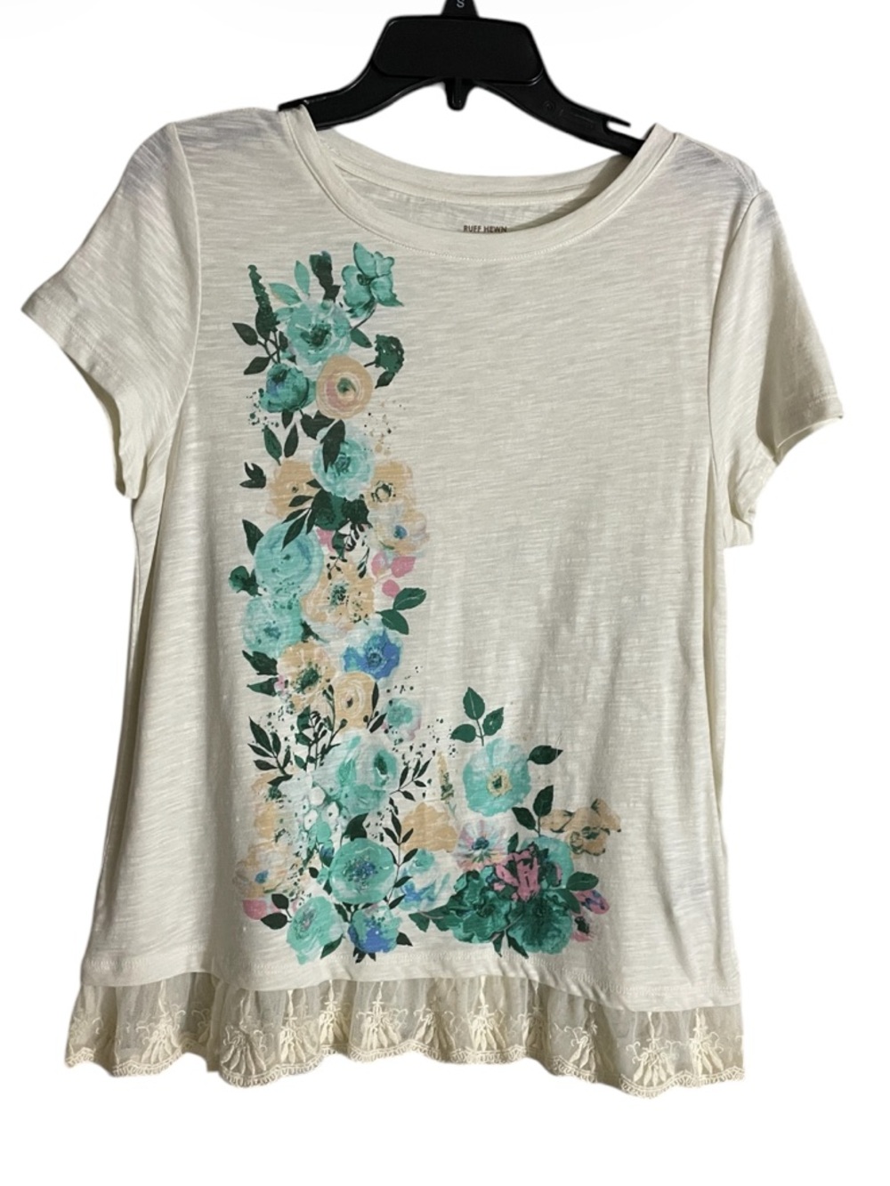 Ruff Hewn small cream colored shirt with floral design and lace hem NWT top